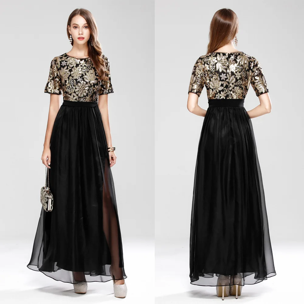 

Cross Border for CK369 AliExpress 2018 Black Embroidery New Style Sequin Chiffon Joint Long Evening Gown