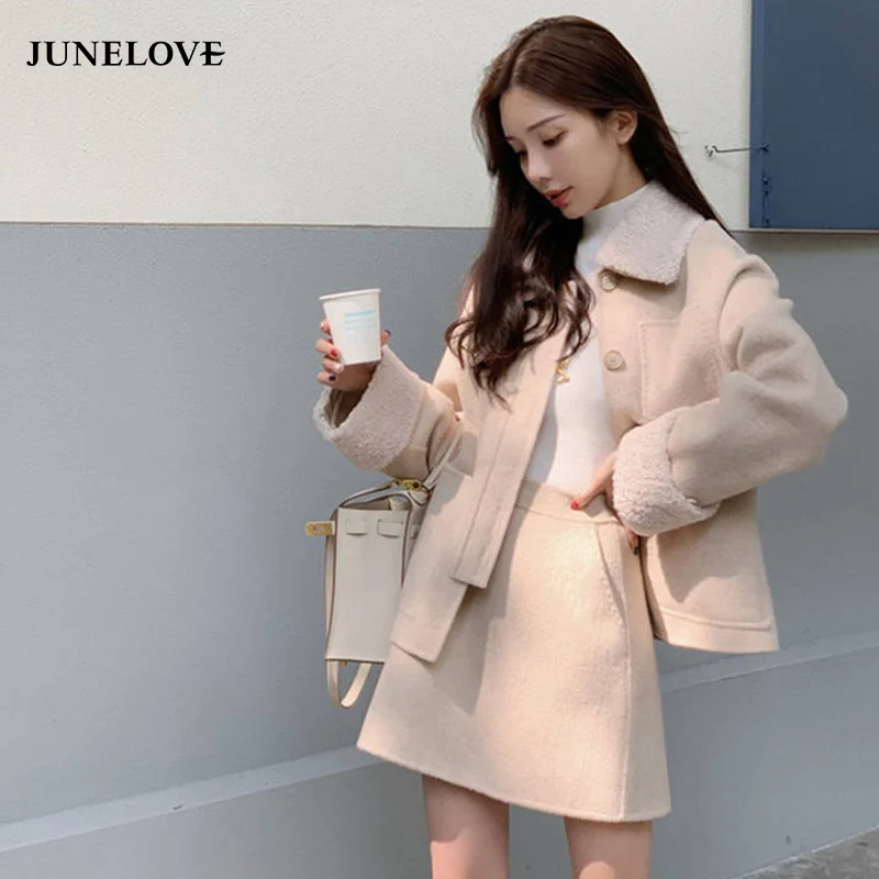 JuneLove/женские зимние теплые однобортные пальто с плюшевым мишкой, куртки, два предмета, винтажные свободные офисные женские комплекты, костюмы, верхняя одежда