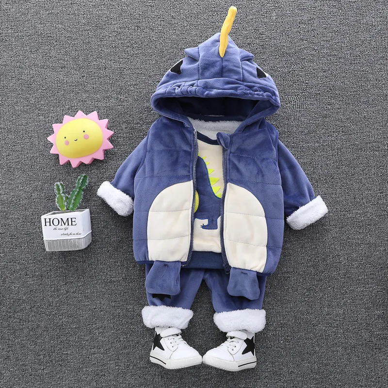 Winter Toddler Infant Clothing Sets Suits For Boys Thick Warm Cartoon Baby Coats Vest Pants 3Pcs/Sets Outfits Childrenl Costume - Цвет: Синий