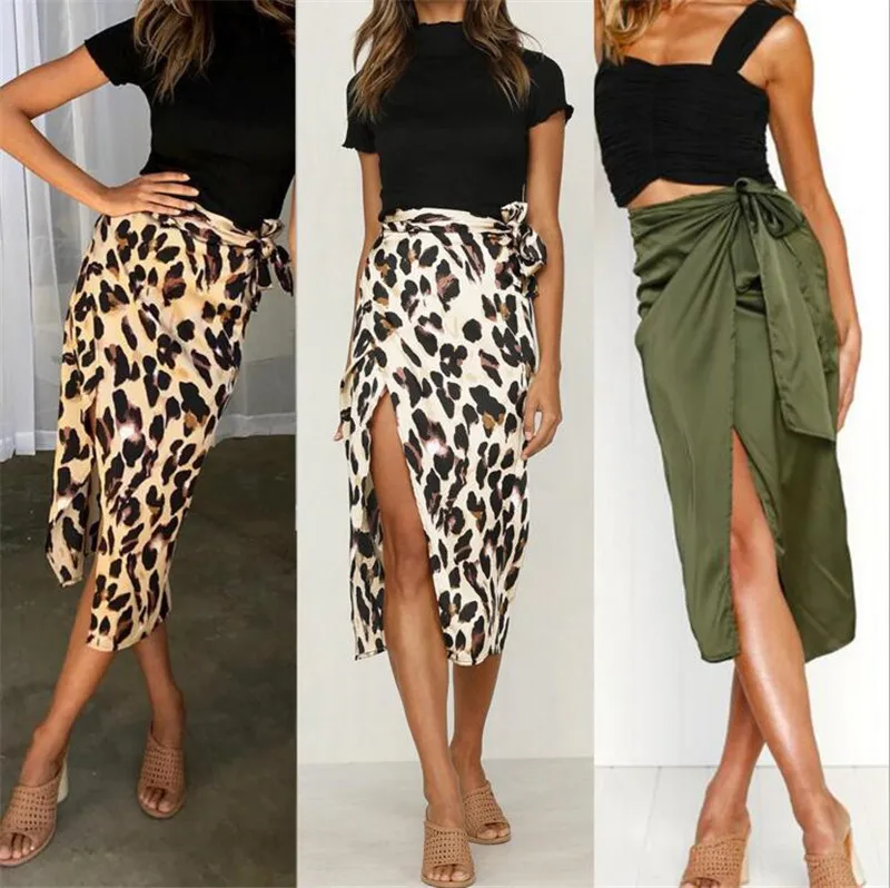 

Women Skirt for Streetwear Patchwork Design High Split Leopard Print Skirt England Style Female Summer Bandage Skirt