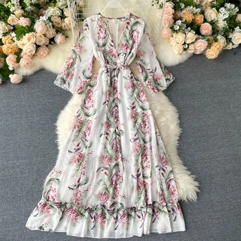 

Bohe Women Summer Print Floral Dresses Female Beach Style Print Women Dress Lady Short Sleeve Floral Chiffon Dresses