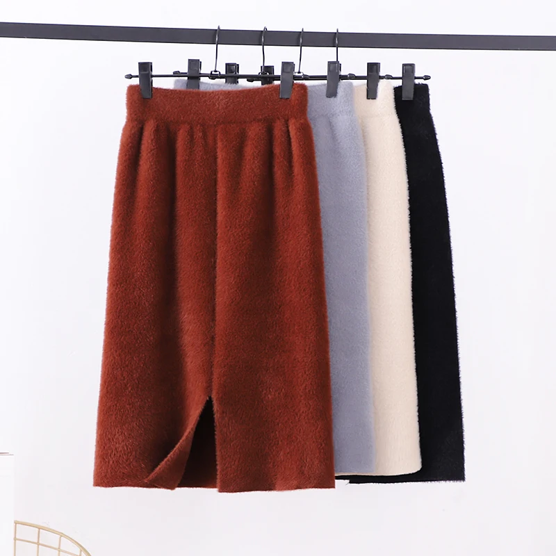 Женская вязаная юбка из синтетического норка и кашемира на осень и зиму, Корейская шикарная юбка с разрезом сзади, юбка-карандаш с высокой талией, женские юбки s rokjes