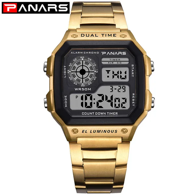 PANARS Men Sports Watch Multifunction Alarm Clock Chrono Waterproof Wristwatch Gold Steel Male Digital Watches Relogio Masculino 