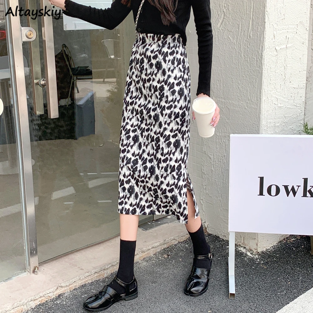 

Women Leopard Skirts Vintage OL Elegant Midi-skirt Back-split Autumn Fashion Korean High Waist Slim Straight Skirt Feminine Ins