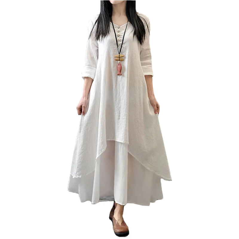 

Summer Women Boho Casual Irregular Maxi Dresses Large Loose Layer Vintage Long Sleeve Linen Dress with Pockets Vintage Dresses