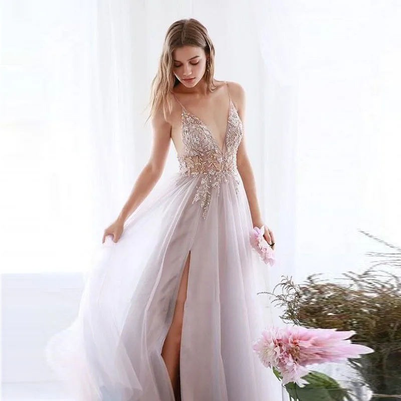 US $99.19 Crystal Prom Dresses 2020 Sexy VNeck Beaded With Rhinestones See Through Side Split Tulle Long Evening Party Dress Graduation