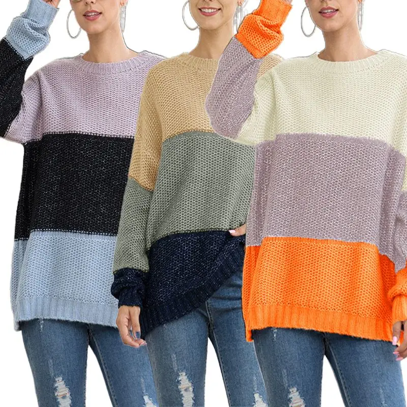 

Women Long Sleeve Knit Sweater Color Block Wide Stripe Loose Pullover Tunic Tops