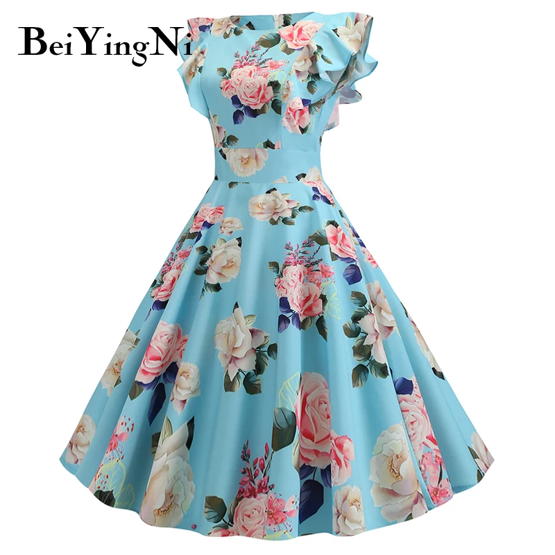 Beiyingni 2019 свободное женское платье с принтом и оборками винтажное тонкое 50S 60S