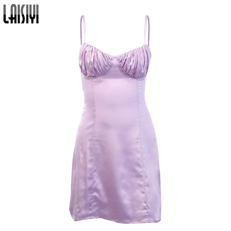 

LAISIYI Lady Spaghetti Strap Dress Casual Solid Satin Dress Backless Mini Dresses Plicated Fit and Flare Dress Purple ASDR22163