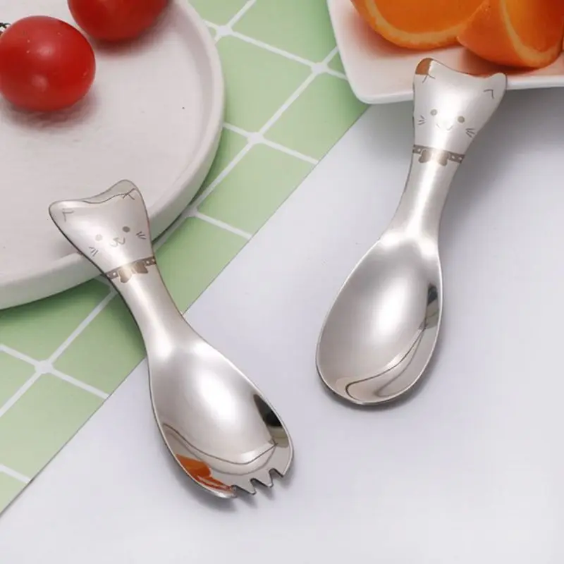 Детские Ложки из нержавеющей стали с ручкой кота из мультфильма, вилки, посуда для кормления детей, посуда для малышей, столовая посуда