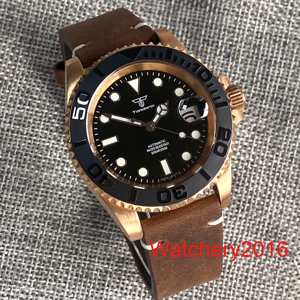 CUSN8 Bronze Tandorio 40mm NH35A Automatic Movement Black Dial Mens Watch Sapphire Crystal Luminous Hand Leather Strap