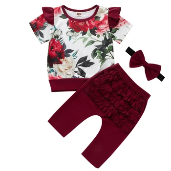 

3PCS Newborn Baby Girls Clothes Set Floral Tops T-shirt Fly Sleeve Ruffle Long Pants Leggings Outfit Suit Summer Clothing 0-24M