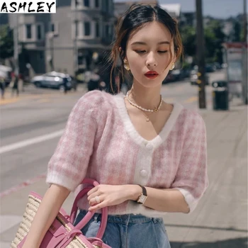 

Buttons France Center Sweaters Chic Women Sweater Light Green Tartan pull femme Cardigan Casual buttons Knitted Tops