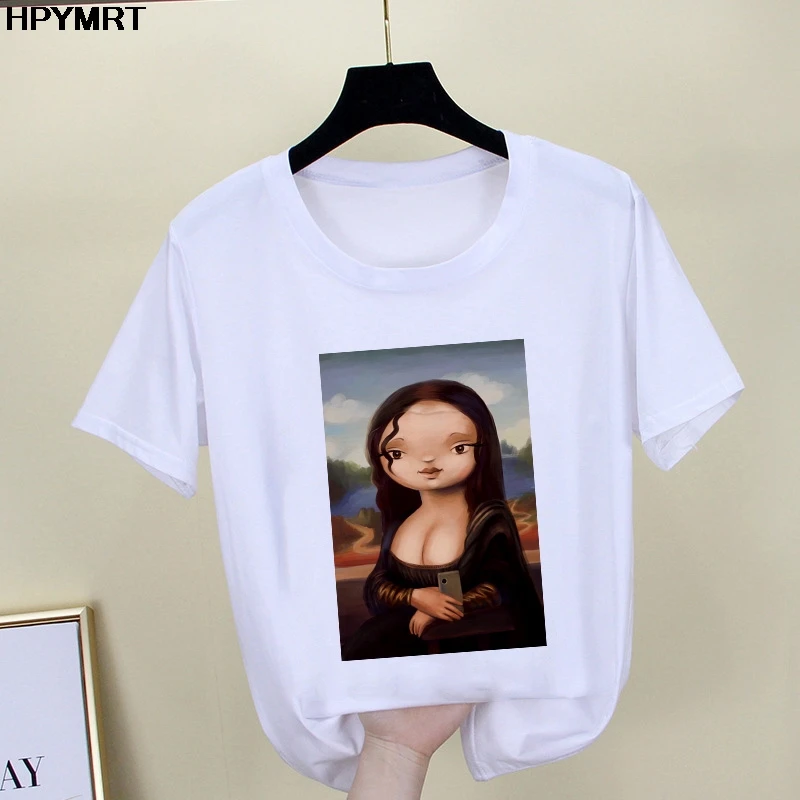 2020 New summer spoof Mona Lisa Print T Shirts Women aesthetics funny Tshirts Casual Short Sleeves Tops t-shirt Female Clothing