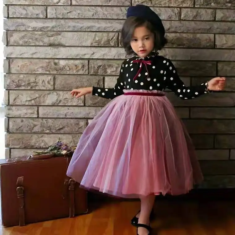 INS/осень г.; кружевные сетчатые вечерние платья для девочек; детское роскошное милое платье принцессы с длинными рукавами в горошек; Изысканная одежда