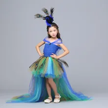 Шикарное платье с павлином со шлейфом из тюля для маленьких девочек; праздничная одежда для маленьких девочек с перьями павлина для дня рождения