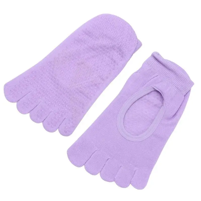 Light Purple A Женские спортивные носки для йоги,, дышащие эластичные однотонные прочные нескользящие хлопковые носки для фитнеса с пятью носками - Цвет: Light Purple A