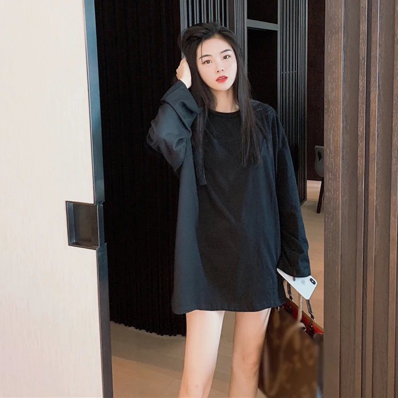 Длинный рукав-рубашки женские простые однотонные с круглым вырезом повседневные стильные осенние новые женские футболки и топы blusas mujer de moda хит