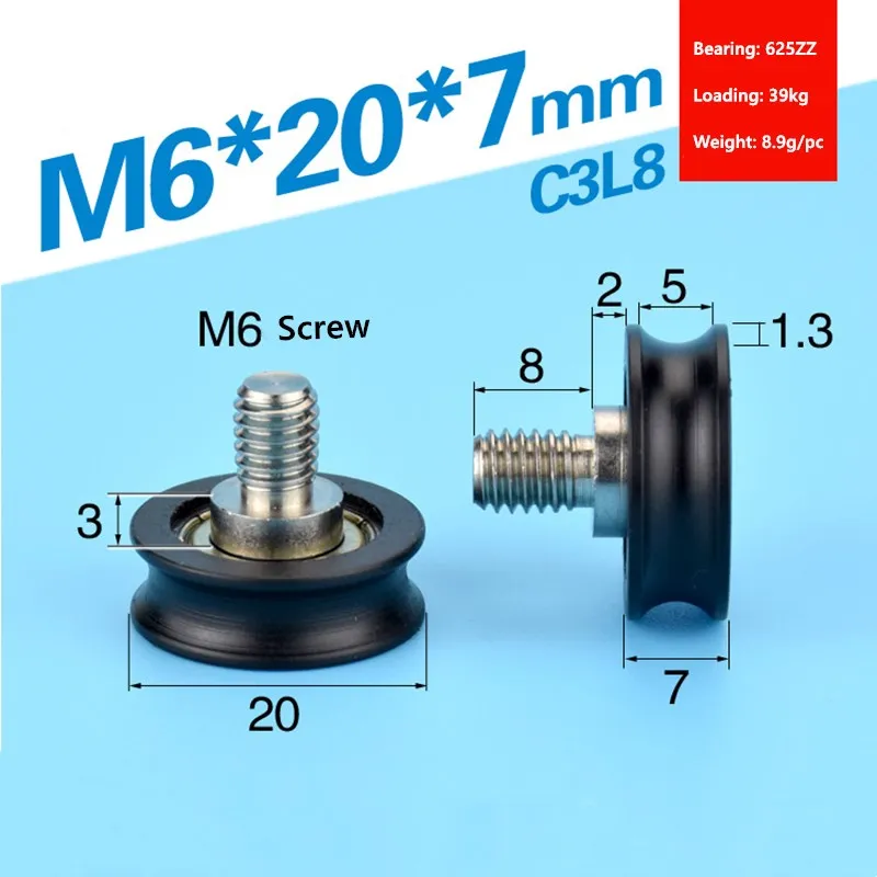 U-Nut Kunststoffbeschichtetes Lager 625ZZ 5 * 20 * 7 mm Türfenster 3D-Druckerrollenrad mit Nylon umwickelte Riemenscheibe Bohrung 5 mm Durchmesser 20 mm – Detail 3