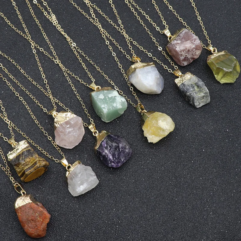 

Latest Raw Stone Gold Edged Necklace Irregular Size Rough Stone Pretty Pendant for Birthday Gift Initial Jewelry