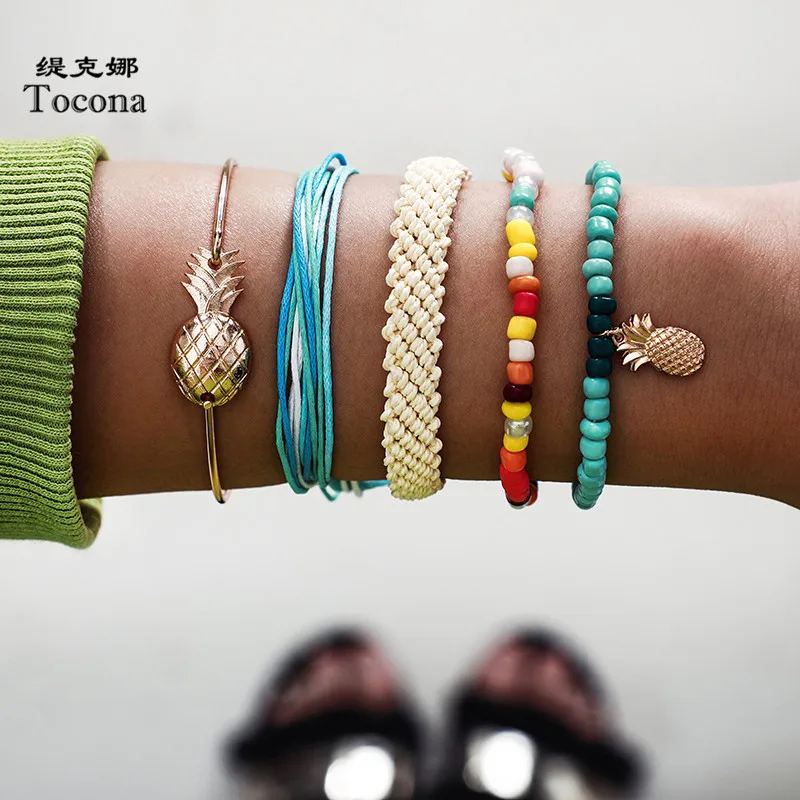Tocona 5pcs/sets Colorful Beaded Bracelts for Women Handmade Rope Gold Pineapple Adjustable Bohemian Jewelry Wholesale 8325 | Украшения и