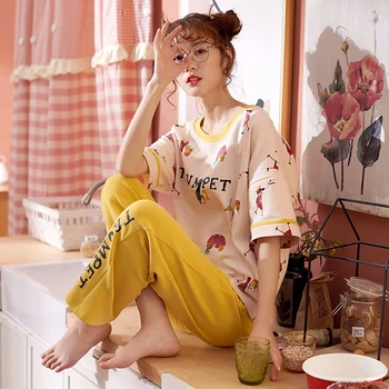 

Women Pajamas Set Short Sleeve Ladies Summer Cotton Thin Sleepwear Pijama Home Suit Ladies Cute Cartoon Sleep Top