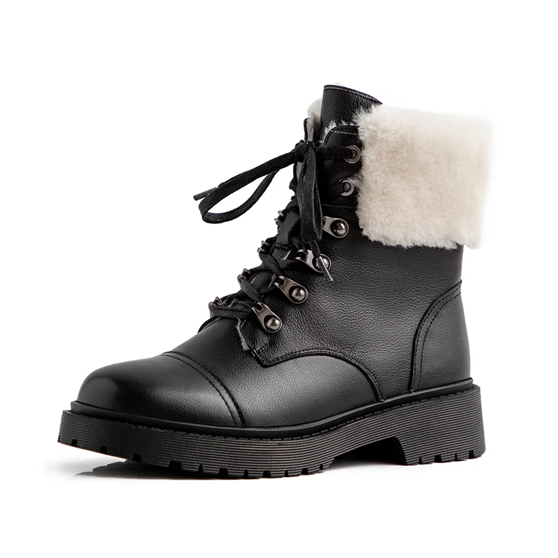 ROBESPIERE/женские зимние ботинки на платформе; натуральная кожа; натуральная шерсть; женская обувь на меху; Зимние теплые плюшевые ботильоны на шнуровке; B154 - Цвет: Black