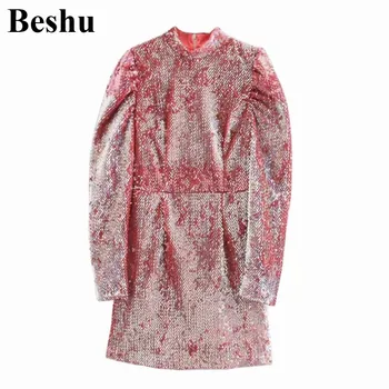 

Za 2019 Fashion Mini Dress Women Pink Stand Collar Sequins Mini Dress Puff Sleeve Back Zipper Elegant A Line Long Sleeve Vestido