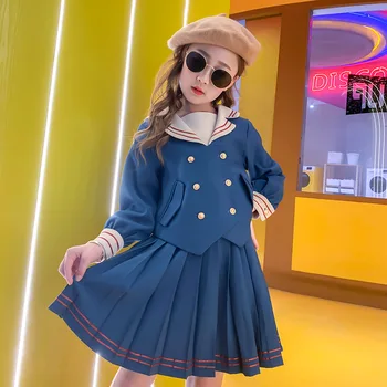 

Children Suit Teenage Girls Autumn Clothes College Style School Uniform Navy blue Jackets Pleated Skirt Two-piece Kids Clothes