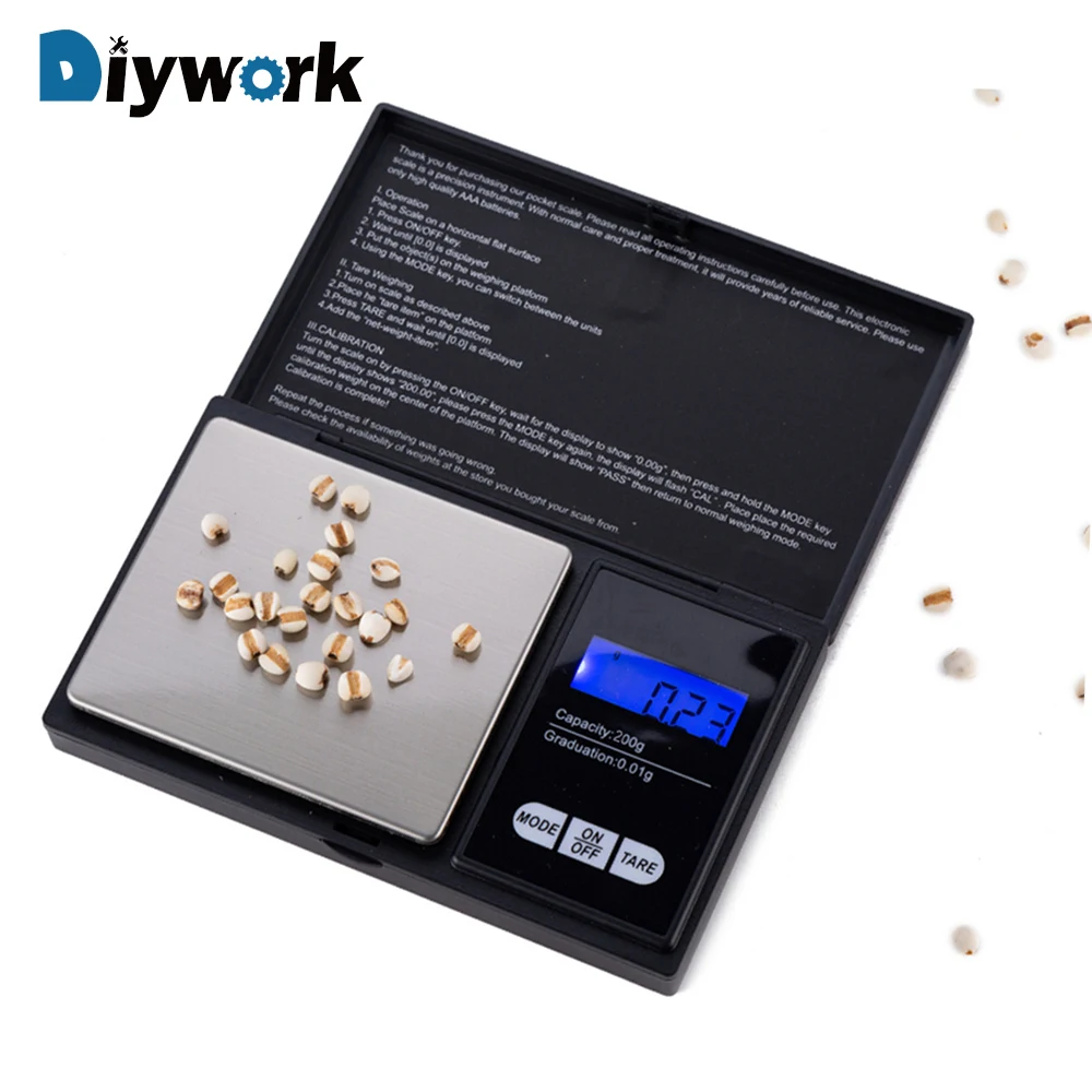 DIYWORK 200 г-0,01 г Мини цифровые весы для ювелирных изделий грамм вес для кухни Высокая точность подсветка Электрический карманный точный ЖК-дисплей