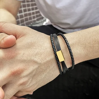 

Punk Black Leather Braided Wrap Bracelet for Men Strands Multi-layers Personalized ID Bangle Stainless Steel Cube Charm DDLB198