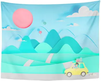 

Colorful Minimal Road Trip with Car and Natural Pastel Color Scheme Cut Style Nature Travel Tapestry Home Decor Wall Hanging