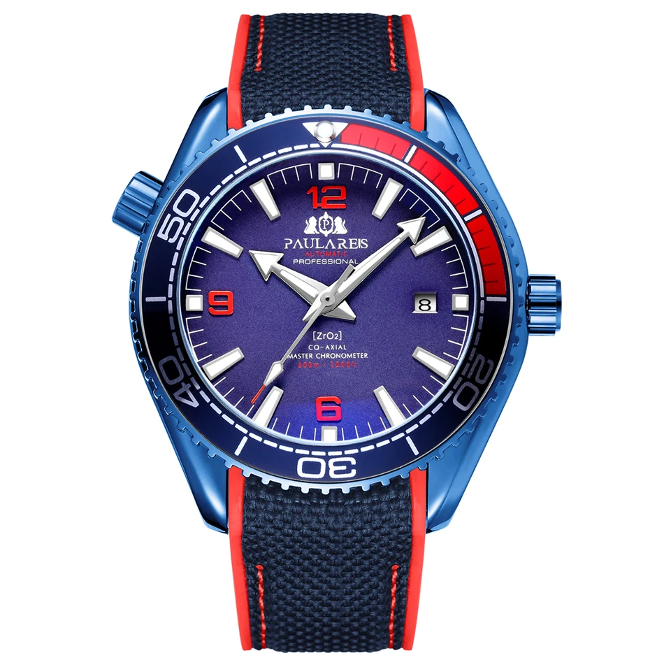 Blue Red Мужские автоматические механические холщовые часы с резиновым ремешком James Bond 007, стильные оранжевые, синие, красные классические часы с вращающейся рамкой - Цвет: Blue Red