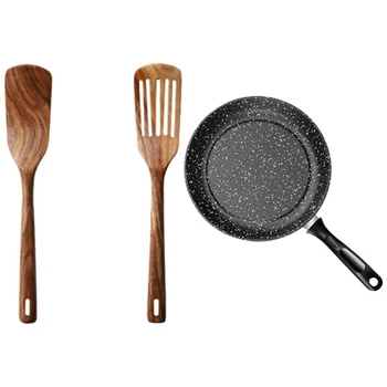 

Acacia Wood Spatula Kitchen Cooking Wooden Spatula & 24cm Maifan Stone Pan No Oil Fume Wok Non-Stick Pan