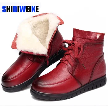 

2020 Women Snow Boots Vintage Genuine Leather Natural Wool Fur Winter Warm Ankle Boots For Women Flat Mother Shoes size 41 AB815