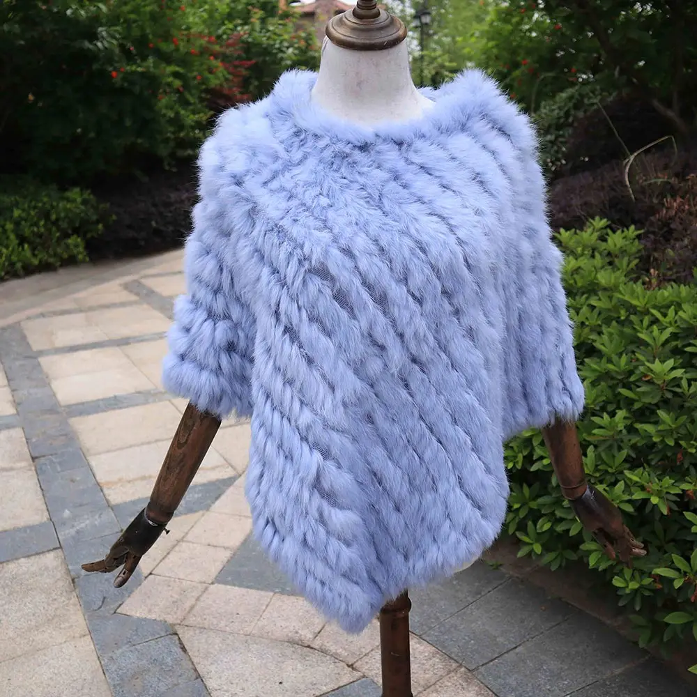 ZDFURS* Зимняя распродажа, Вязаное пончо из натурального кроличьего меха, модная шаль из натурального кроличьего меха, женское меховое пончо - Цвет: sky blue