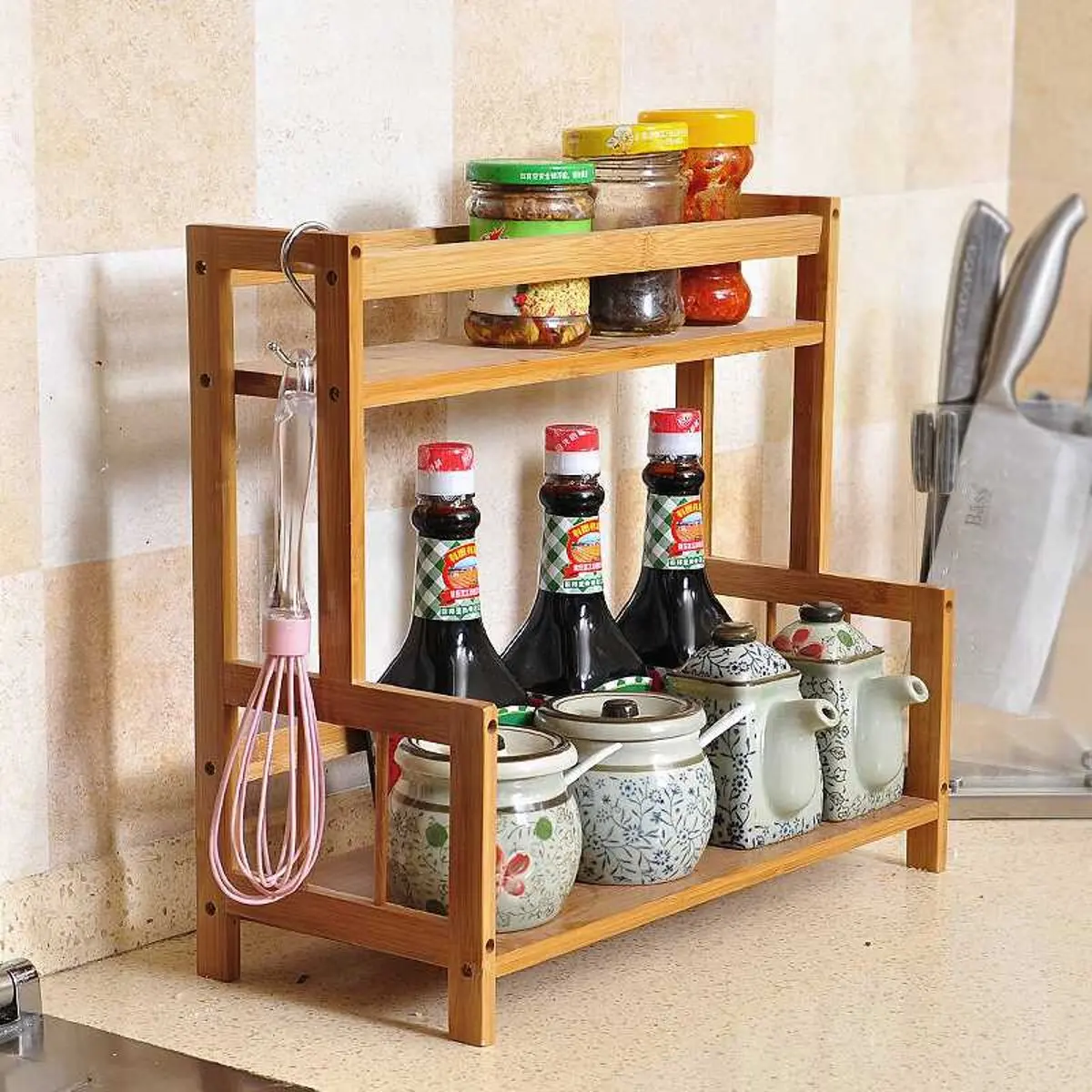 Multifunction Wood Spice Rack Portable Kitchen Rack 2/3 Tier Storage Rack For Herb Jars Handle Seasoning Bottle Storage Holder