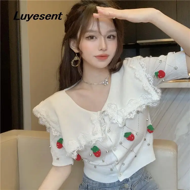 

Kawaii Girl White Knit Cardigan Sweater Peter Pan Collar Lady Crystle Sweet Strawberry Short Sleeve Tops Korean Fashion Clothes