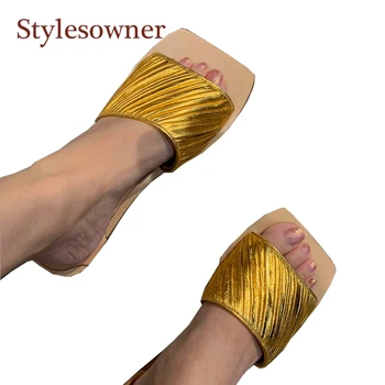 

Women Beach Slippers Gold Wrinkle Flat Comfy Squared Toe Slides Open-toe 2020 Summer Hot Street Fashionable Gold Lazy Mulers