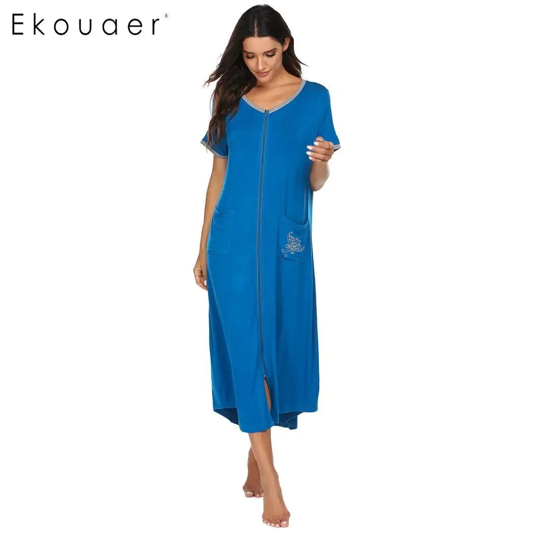 Ekouaer Women Long House Coat Zipper Front Robes Full Length Nightgowns with Pockets Striped Loungewear