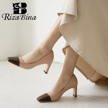 

RIZABINA Women Pumps Shoes Real Leather Square Toe Thick Heels Shoes Women Fashion Mixed Color Simple Style Footwear Size 33-41