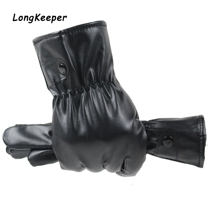 

New Black PU Leather Gloves Male Full Finger Thicken Driving Gloves Winter Touch Screen Warm Windproof Mittens Luvas For Women