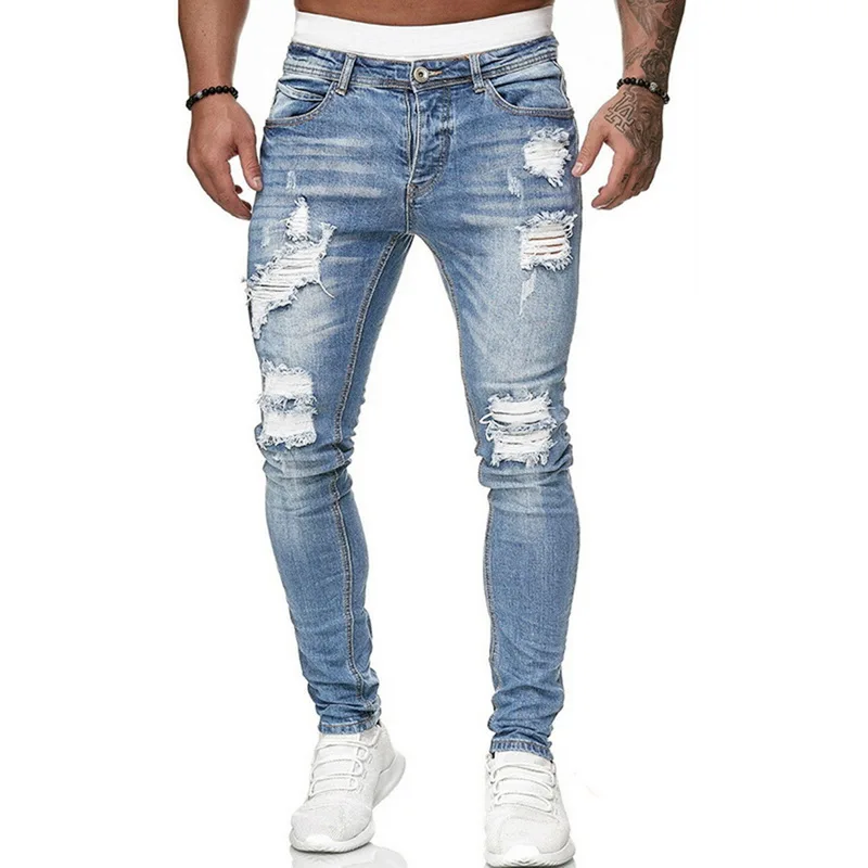 New Adisputent Men's Sweatpants Sexy Hole Jeans Pants Casual Summer Autumn Male Ripped Skinny Trousers Slim Biker Outwears Pants 1