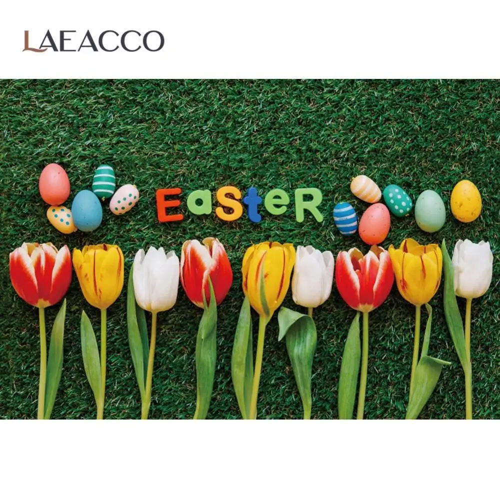 

Laeacco Green Grass Lawn Spring Tulips Easter Egg Party Baby Child Beautiful Scenic Photo Background Photo Backdrop Photo Studio