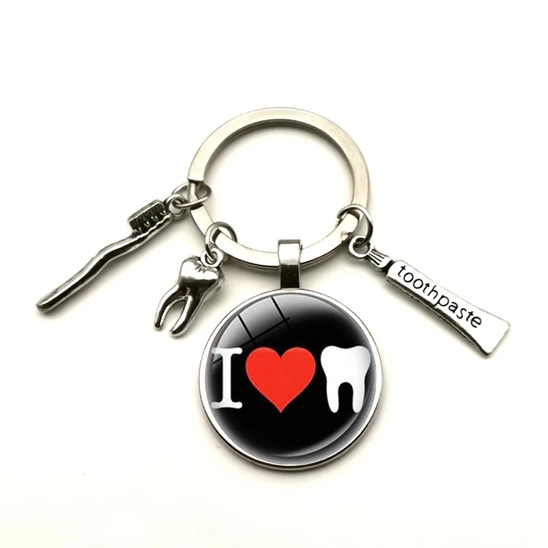 

New Creative Cute Cartoon Teeth Pattern Dentist Medal Keychain Children's Gift Glass Dome Pendant Keyring Hoilday Party Souvenir