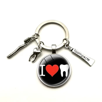 

New Creative Cute Cartoon Teeth Pattern Dentist Medal Keychain Children's Gift Glass Dome Pendant Keyring Hoilday Party Souvenir