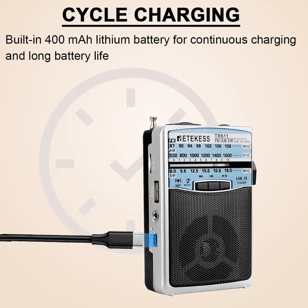 Retekess TR611 портативный FM AM SW 3 диапазона радио с разъемом для наушников USB TF плеер Поддержка MP3 формат