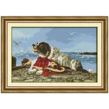 

Guard Dog and girl painting counted printed on the canvas 11CT 14CT DIY kit Chinese Cross Stitch embroidery needlework Sets