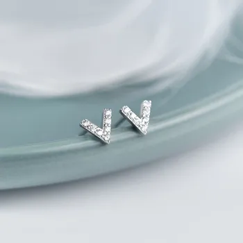 

DAIWUJAN Sweet Micro Pave Zircon Stud Earrings Real 925 Sterling Silver V Shaped Mini Jewelry For Women Girl Birthday Gift