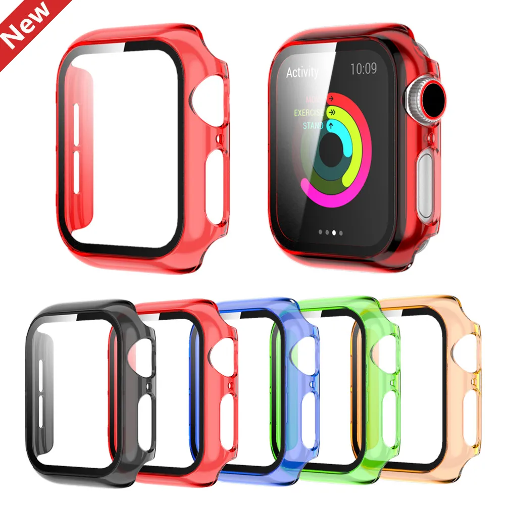 Translucent PC+Glass Cover for Apple Watch SE Case Series 6-5-4-3-2 Full Protective Durable Bumper f